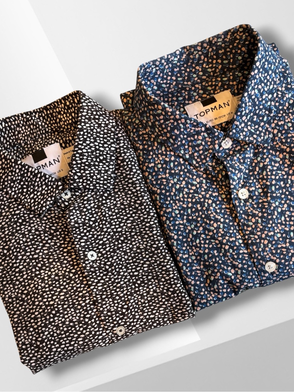 Lot of Two TOPMAN Button Down Shirts~ Black & White Viscose | Blue Cotton Blend